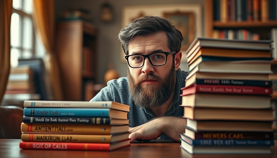 Bearded man surrounded by books, focus on blogging for money.