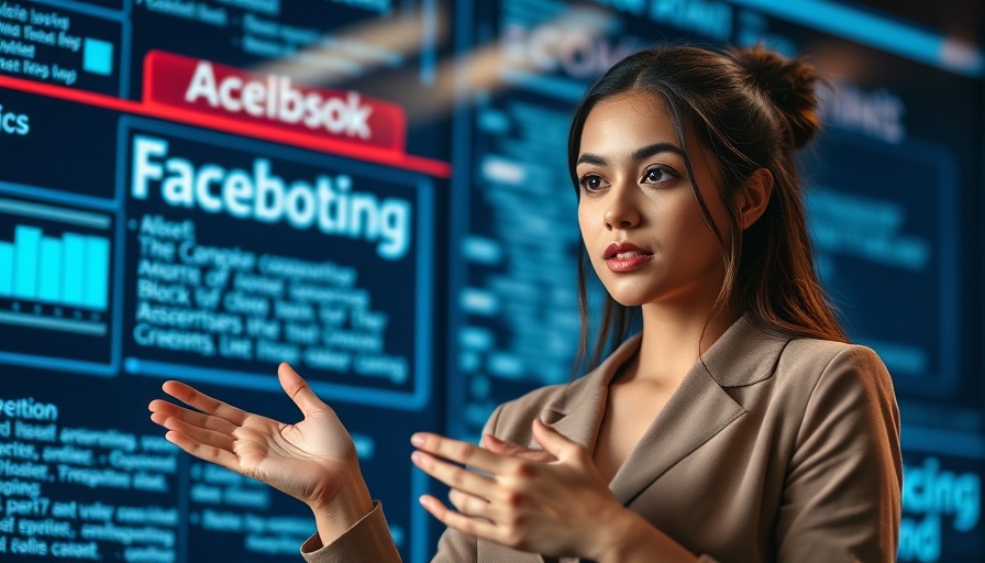Woman sharing Facebook advertising tips on a digital screen.