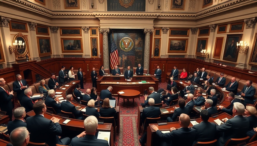 U.S. Senate chamber filled with active discussions, symbolizing governmental dynamics.