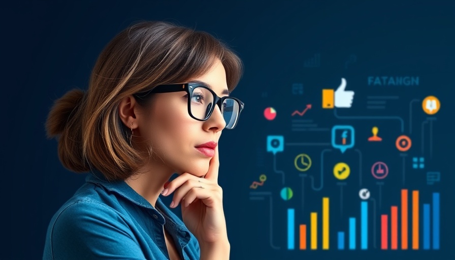 Woman contemplating Facebook advertising tips with colorful digital guide.