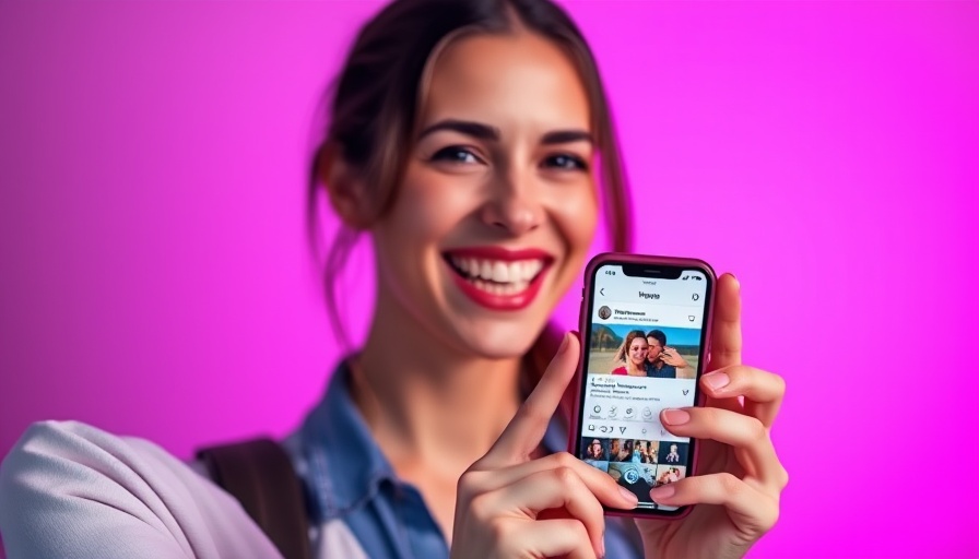 Smiling woman with phone showing Instagram growth for website traffic generation.