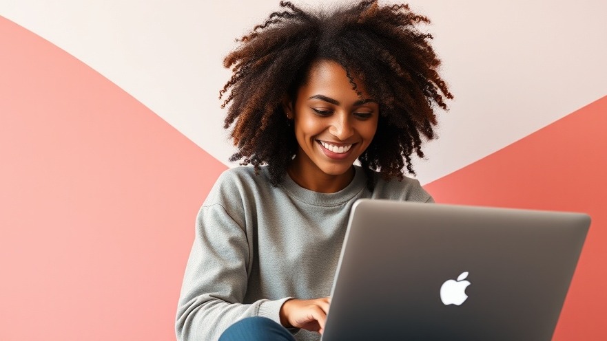 Vibrant young woman using a laptop for social media marketing strategies.