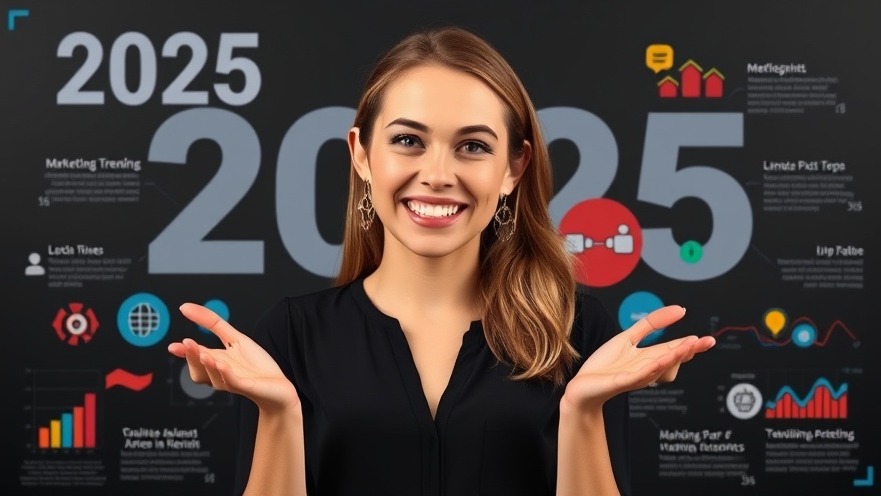 Smiling woman showcasing 2025 marketing trends infographic, boosting website traffic.