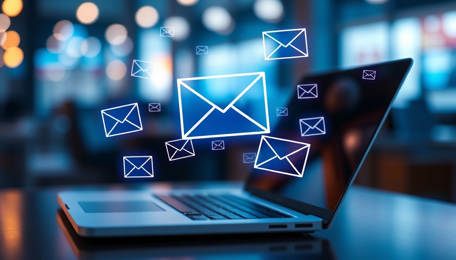 Affiliate email marketing automation concept with floating email icons.