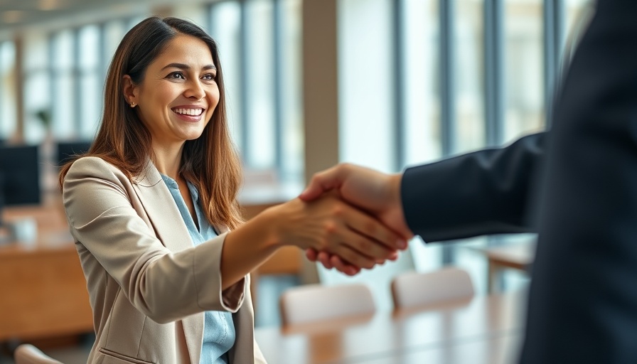 Smiling woman in modern office offering handshake signifies Affiliate Agreement Importance.