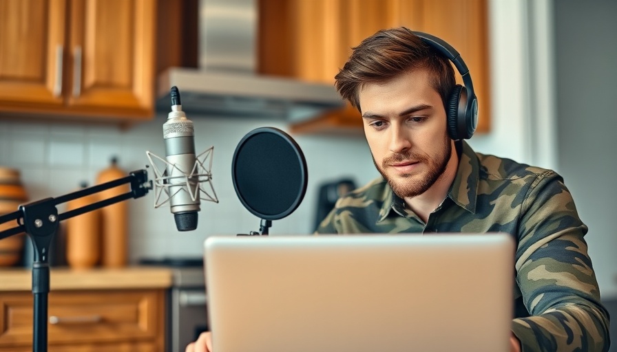 Man podcasting at home focusing on success strategies.