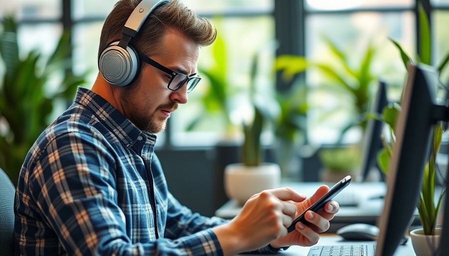 Focused man using smartphone to work on podcast with RSS.com, indoor workspace.