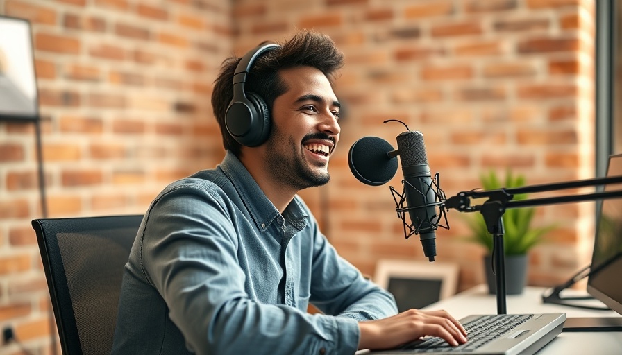 Cheerful person podcasting in home studio, managing workflow.