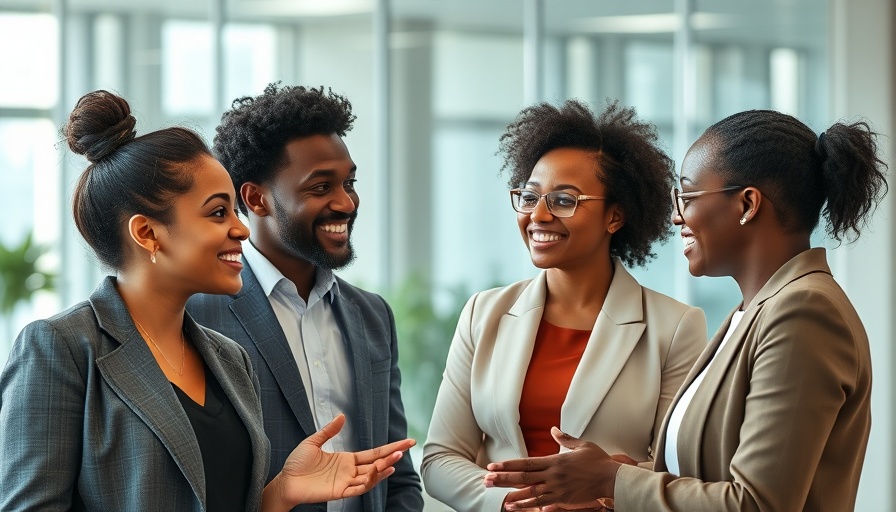 Professionals discussing client acquisition strategies in modern office.
