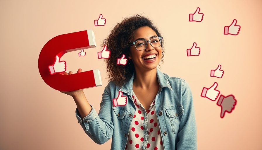 Cheerful woman using magnet to attract social media likes for personal branding strategies