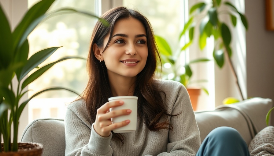 Young woman relaxing with coffee discussing productized services.