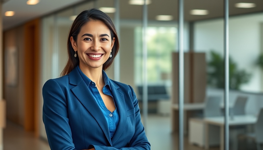 Confident professional woman smiling in modern office, streamlining digital agency operations.