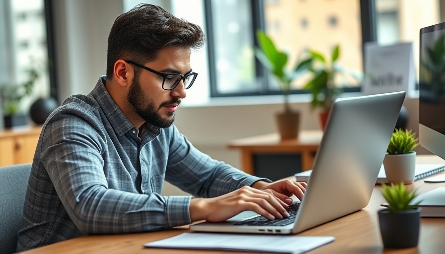 Focused individual typing on a laptop in a modern office.