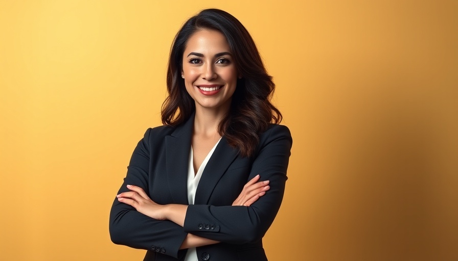 Confident woman smiling, standing against a gold background with 'Take Your Rightful Seat At The Table' text.