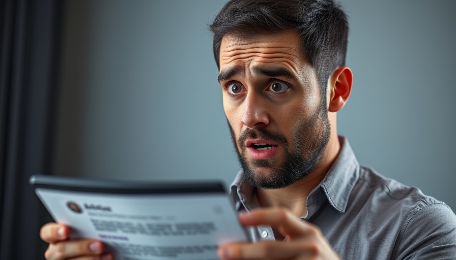 Concerned man sees shocking social media post, exploring email marketing strategies.