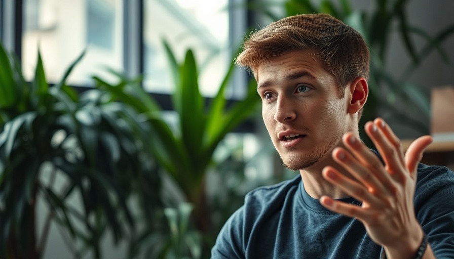 Young man gesturing while speaking indoors, discussing email list growth.