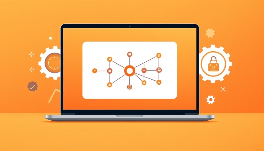 Laptop displaying email workflow diagram on orange background.
