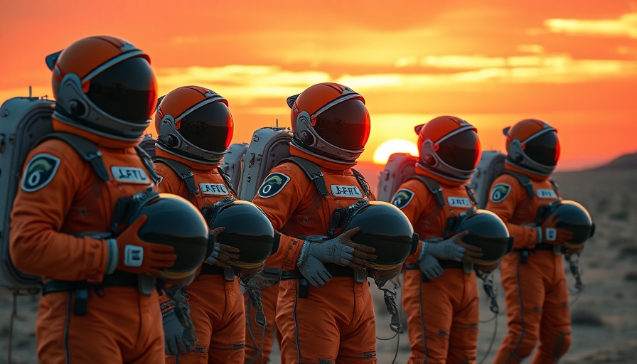 Astronauts standing at sunset in desert landscape with vibrant hues.