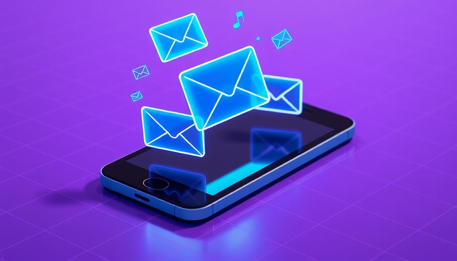Stylized smartphone with email icons on purple backdrop.