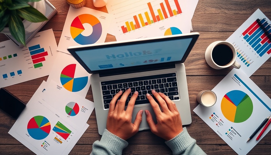 Hands working on laptop with charts, email marketing statistics.