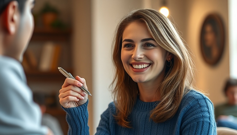 Smiling woman in blue sweater enhancing email & SMS campaigns.