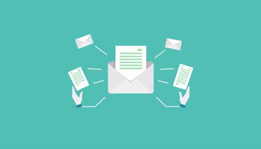 Email marketing automation concept with envelope icons and teal background.