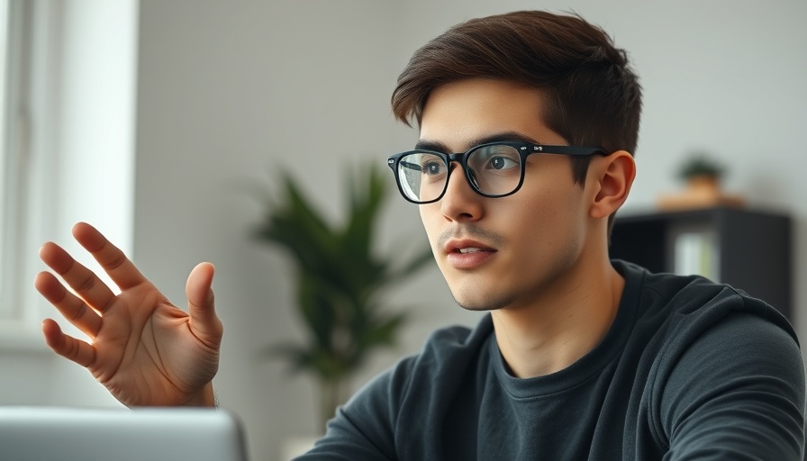 Email marketing strategy discussion with young man wearing glasses.