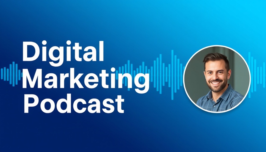 Email marketing for small business podcast banner with audio wave and host.