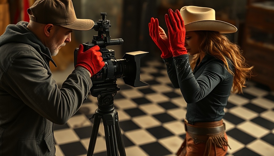 Dramatic scene with cowgirl and cameraman capturing intensity, web traffic ideas.
