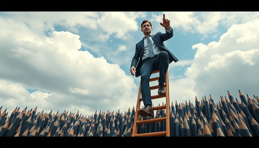 A man climbing a ladder over pencils, illustrating website traffic generation.