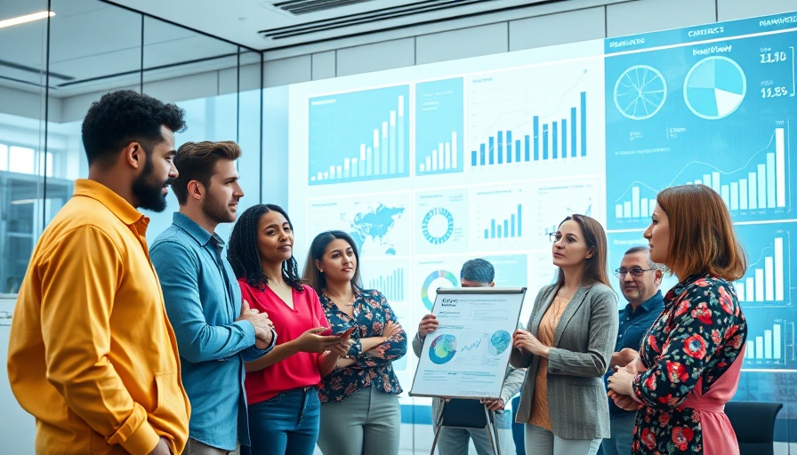 Diverse team analyzing 2025 marketing trends with data charts.