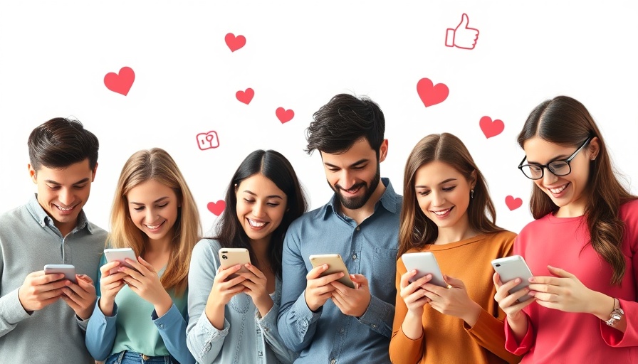 People engaging with phones, social media icons, grow your social media following.
