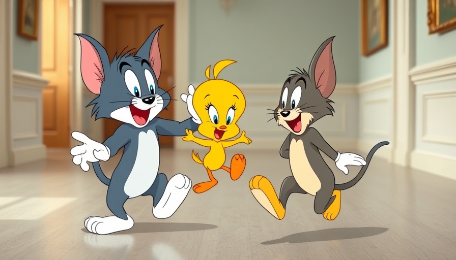 Classic cartoon characters energetically interacting indoors.