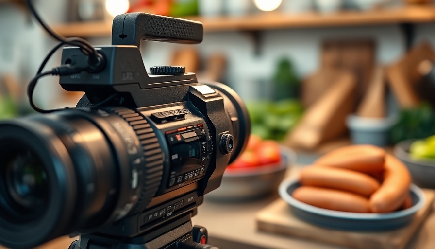 Professional camera capturing fresh ingredients in a kitchen for video marketing strategy.