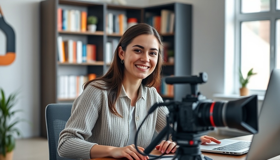 Woman creating personalized video ads in a modern office setting.