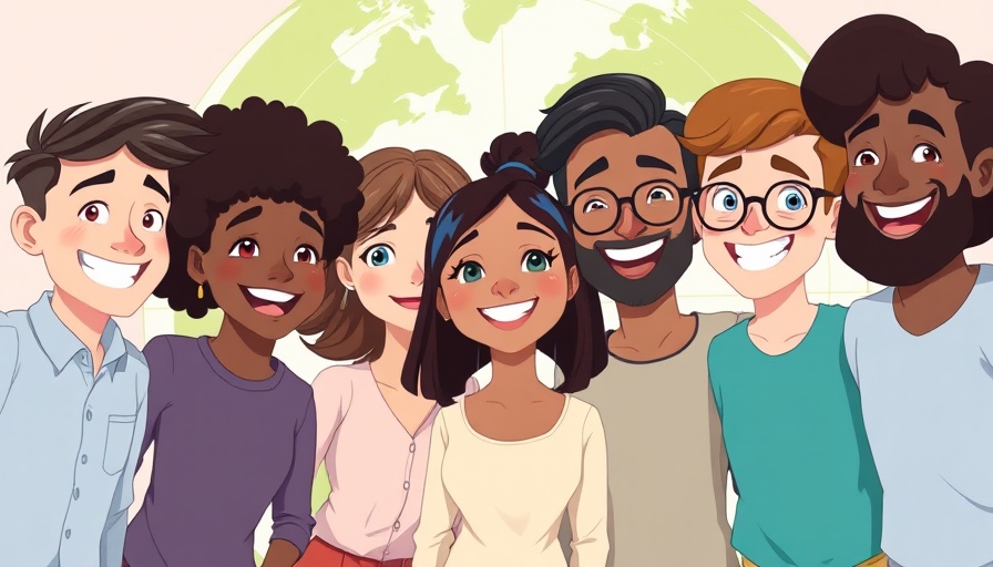 Diverse animated group connecting globally for video marketing healthcare.