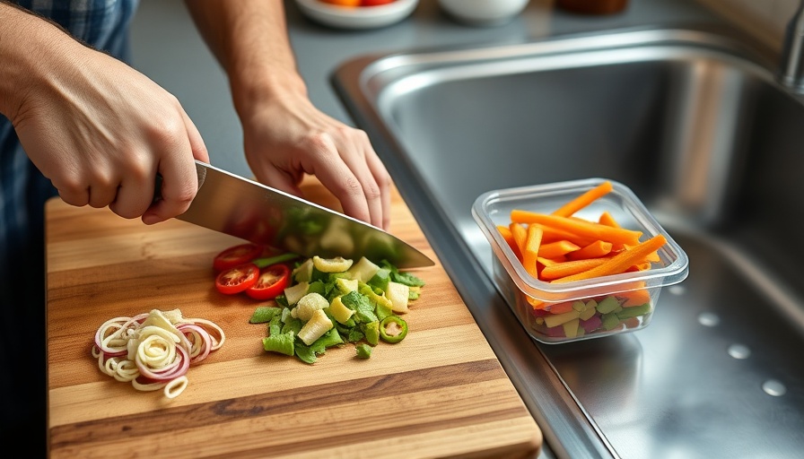 Product photography of hand slicing vegetables by a sink with pasta.