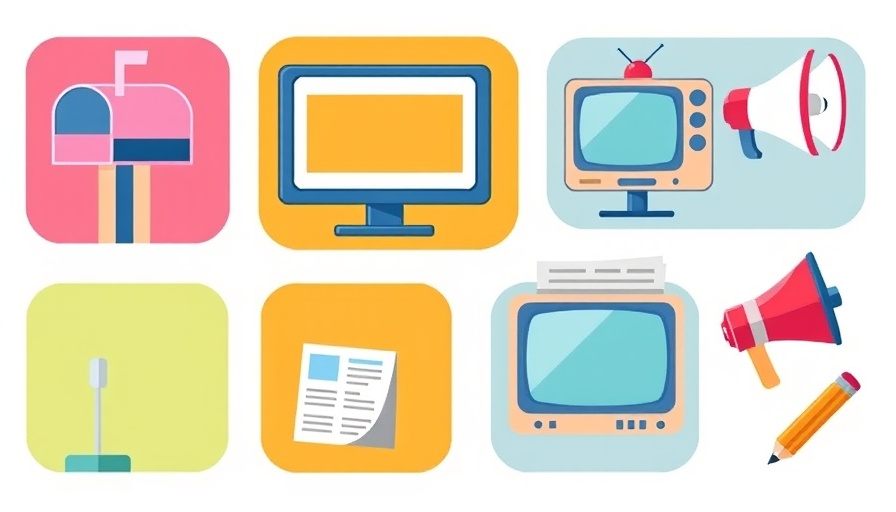 Colorful illustration of traditional media icons for video marketing strategy.