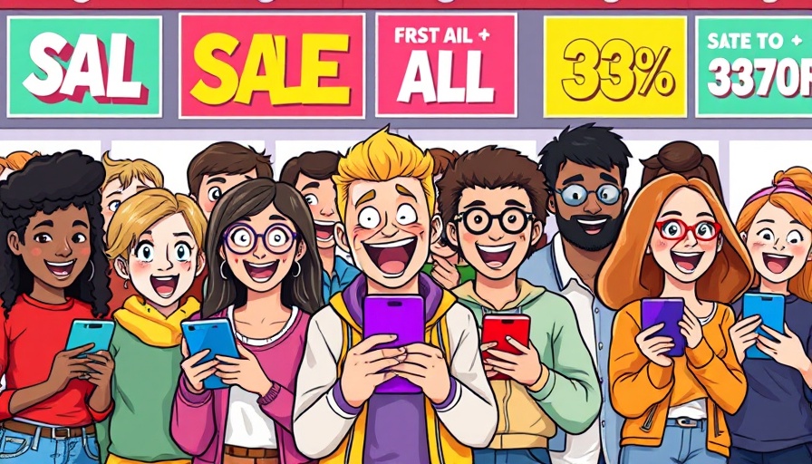 Cartoon of people with smartphones, 30% off sale. Product demo videos.