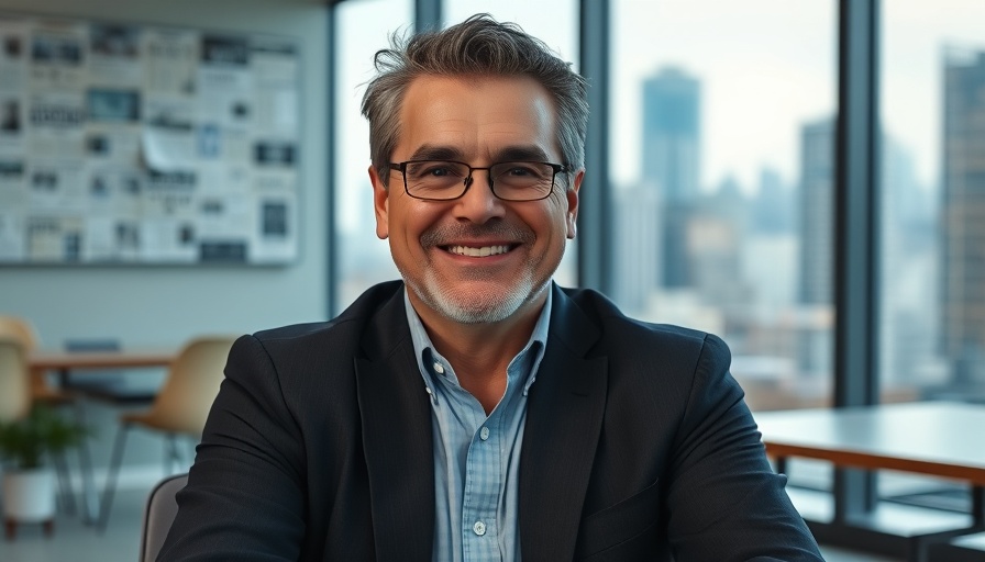 Customer testimonial video scene with smiling man in an office setting.