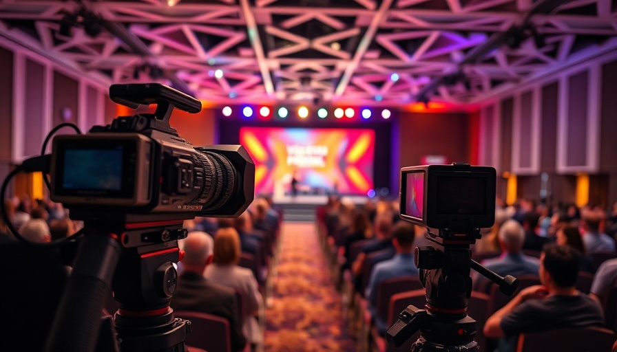 Professional camera filming a corporate event with seated audience.