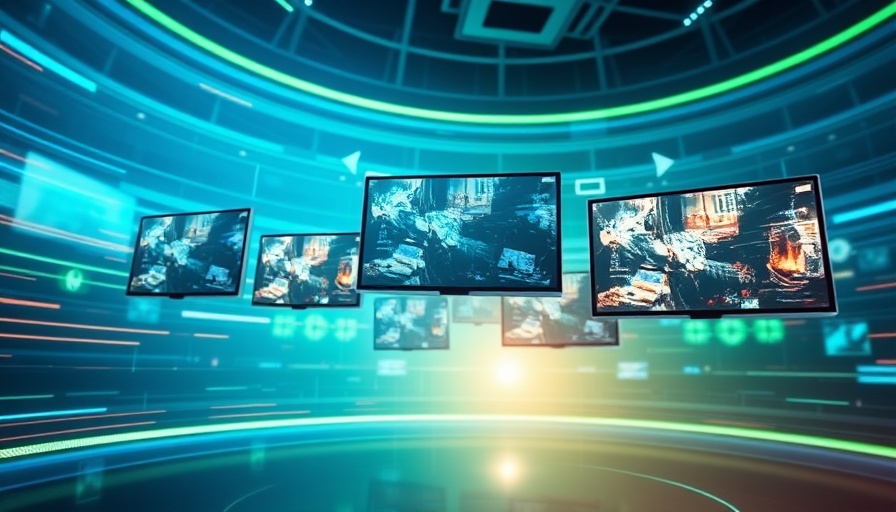 Futuristic video content syndication interface with floating screens.