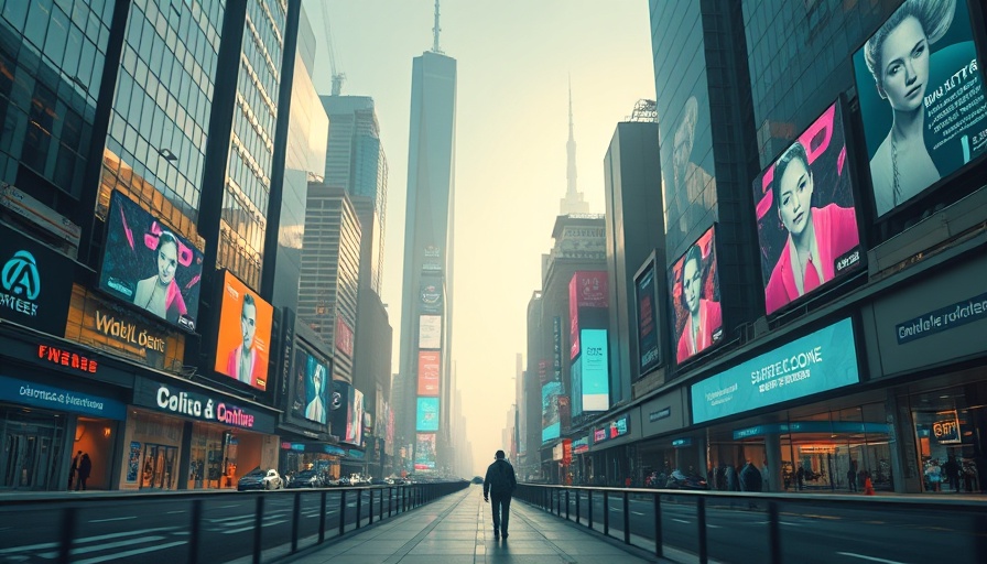 AI Video Advertising 2025: Futuristic cityscape with digital ads.