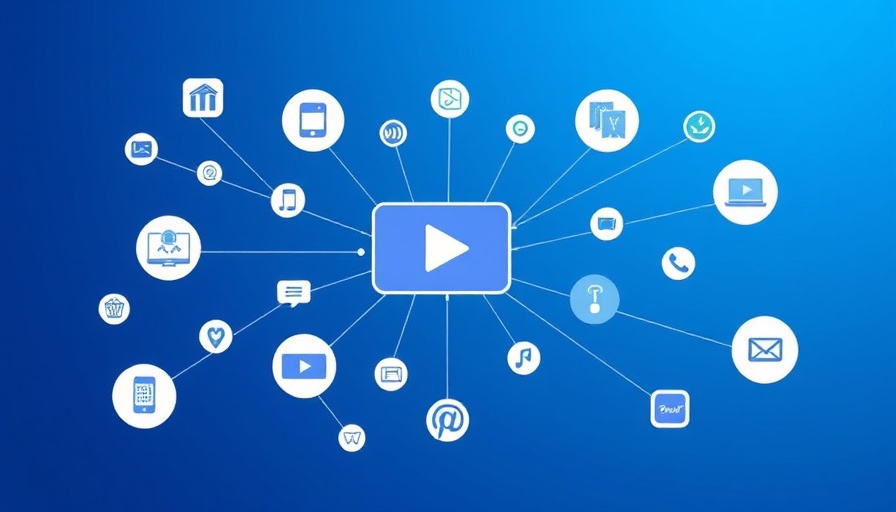 Illustration of video marketing strategy network with connected icons on a blue background.