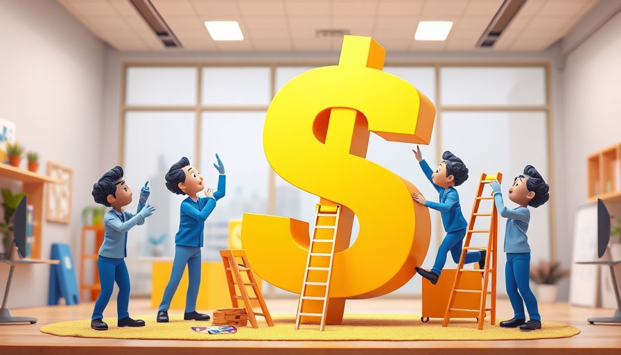 Cartoon figures collaborating on a video marketing strategy with dollar symbols.