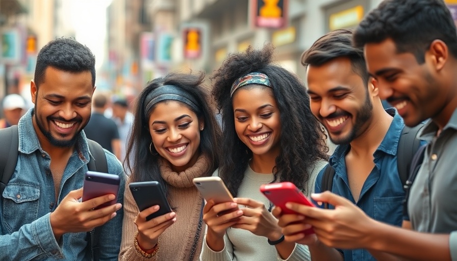 Engaged group enjoying video content on smartphones, video marketing strategy