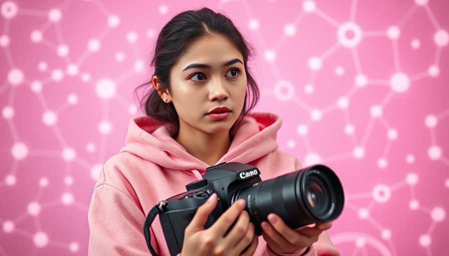 Young woman pondering AI in video marketing with camera.