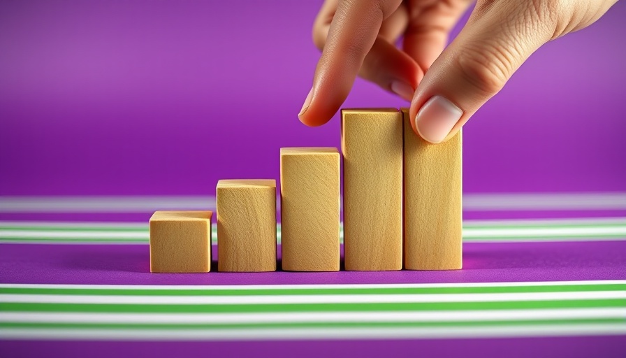 Hand arranging striped blocks on purple background, video marketing strategy.