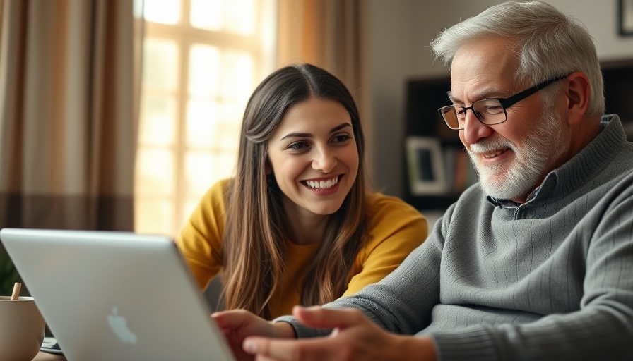 Young woman and elderly man using laptop for video marketing strategy.
