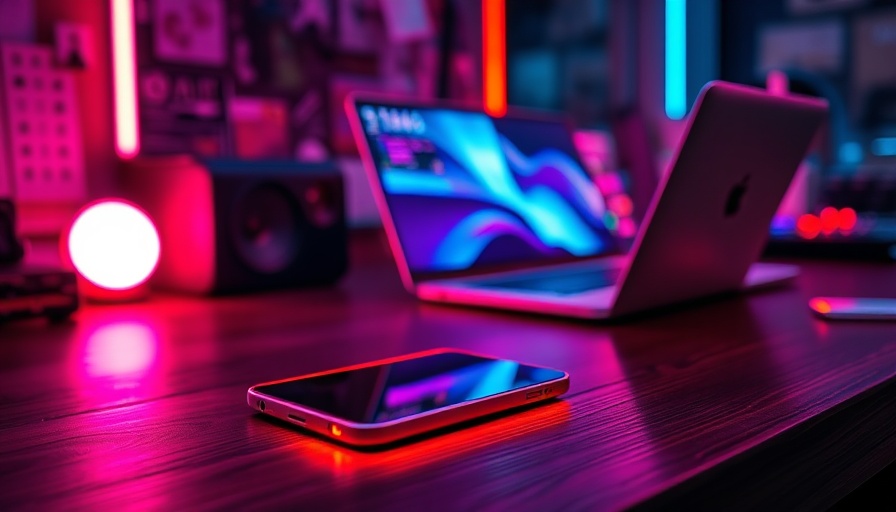Neon-lit tech desk, smartphone and laptop, video marketing strategy.